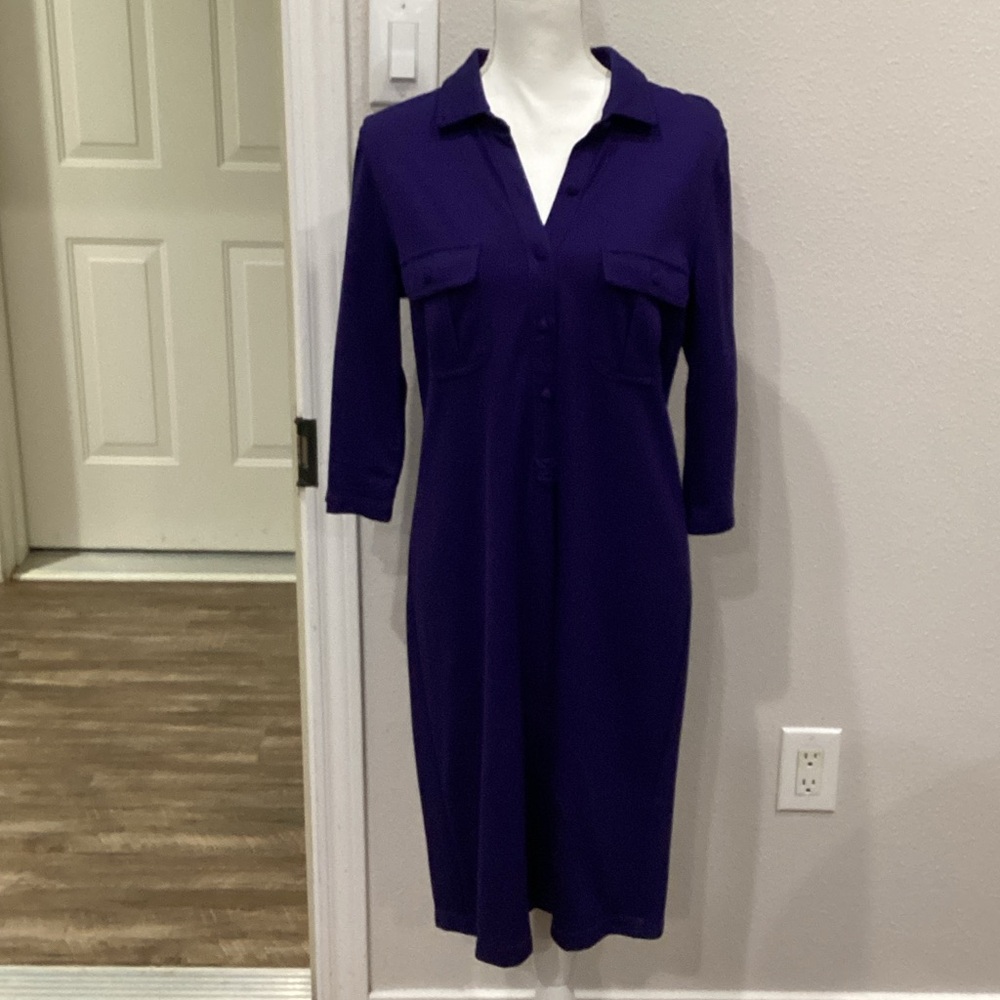 Preowned Persifor Navy Blue Midi Shirt Dress Size Medium (Item#D020)